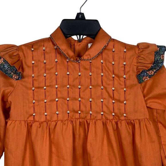 Vintage Polly Flinders Hand Smocked Dress Girls Size 6X Floral Accents Ruffles - Picture 2 of 6